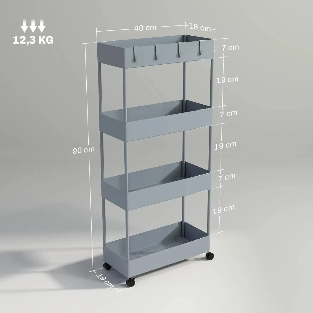 Keukenwagen met 4 legplanken en 4 haken – op wielen – Grijs – 40 × 19 × 90 cm