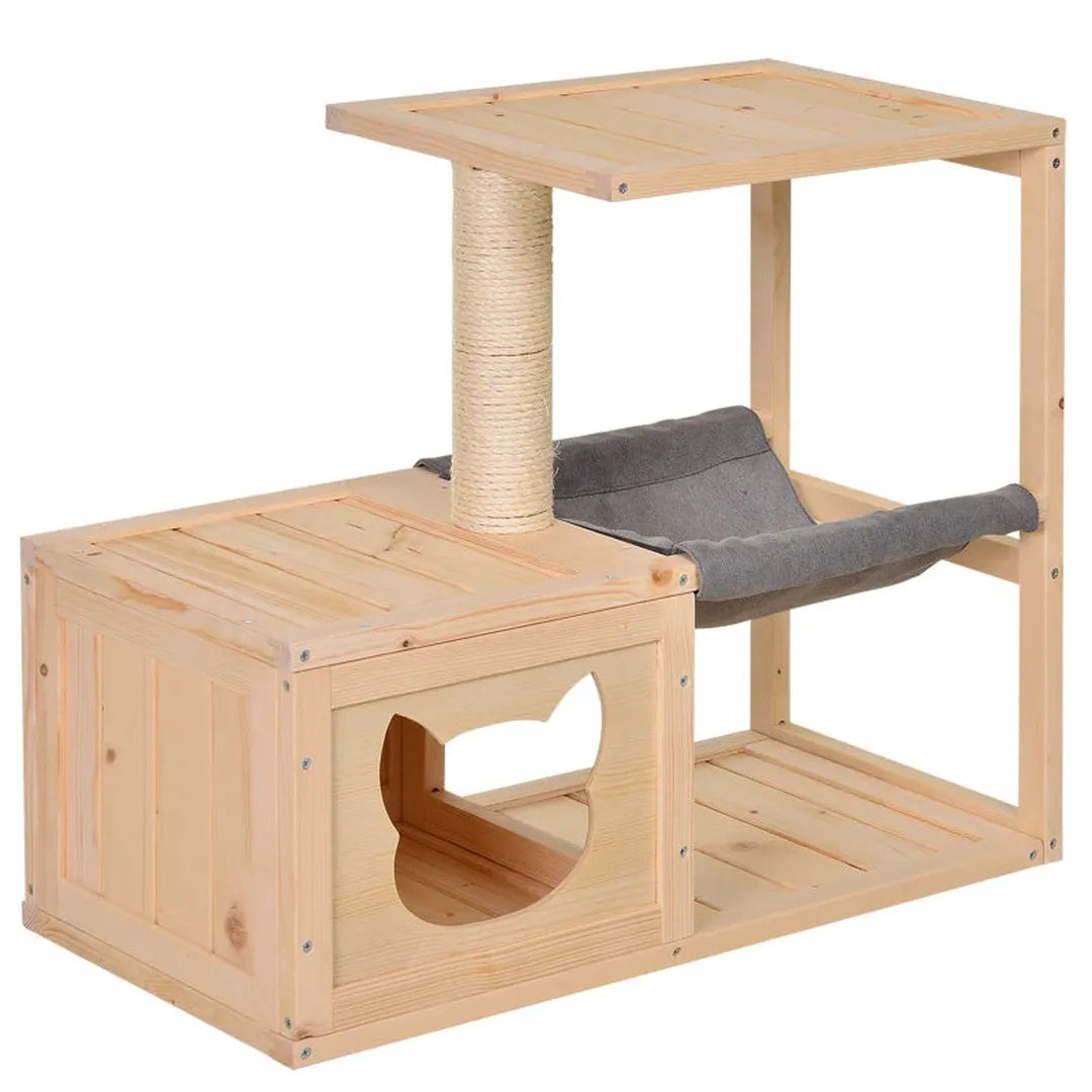 Kattenhuis met hangmat – kattenverblijf met sisal krabpaal – kattenboom van grenenhout – naturel – 70 x 35 x 60 cm