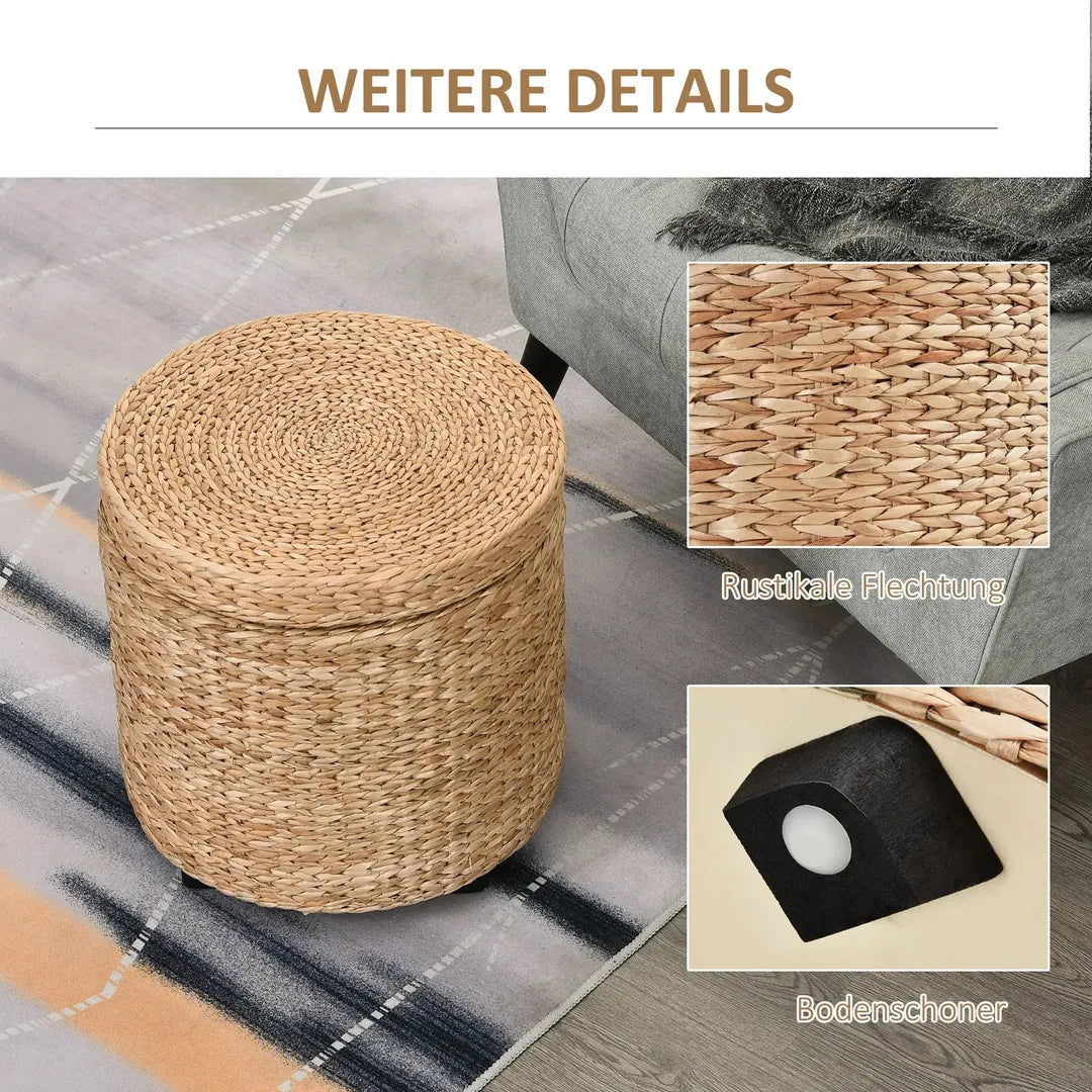 Poef – Moderne Voetenbank – Donkergrijs met Bruin – Stoffen Bekleding en Houten Poten