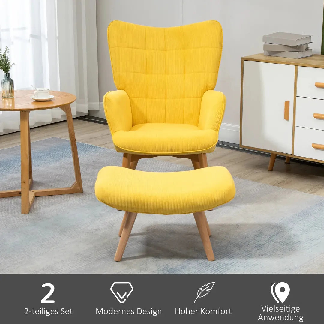 Fauteuil met Hocker – Relaxstoel in Cordstof met Armleuningen en Houten Poten, Grijs, voor Woonkamer