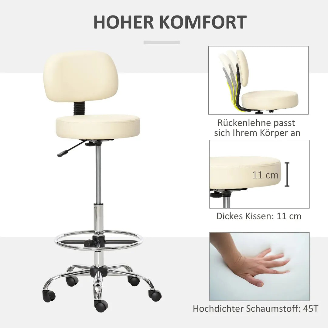 Barstoel met 360° Draai – Hoogteverstelbaar, Met Wielen en Rugleuning van Kunstleer, Beige, 56 x 57 x 104-127 cm