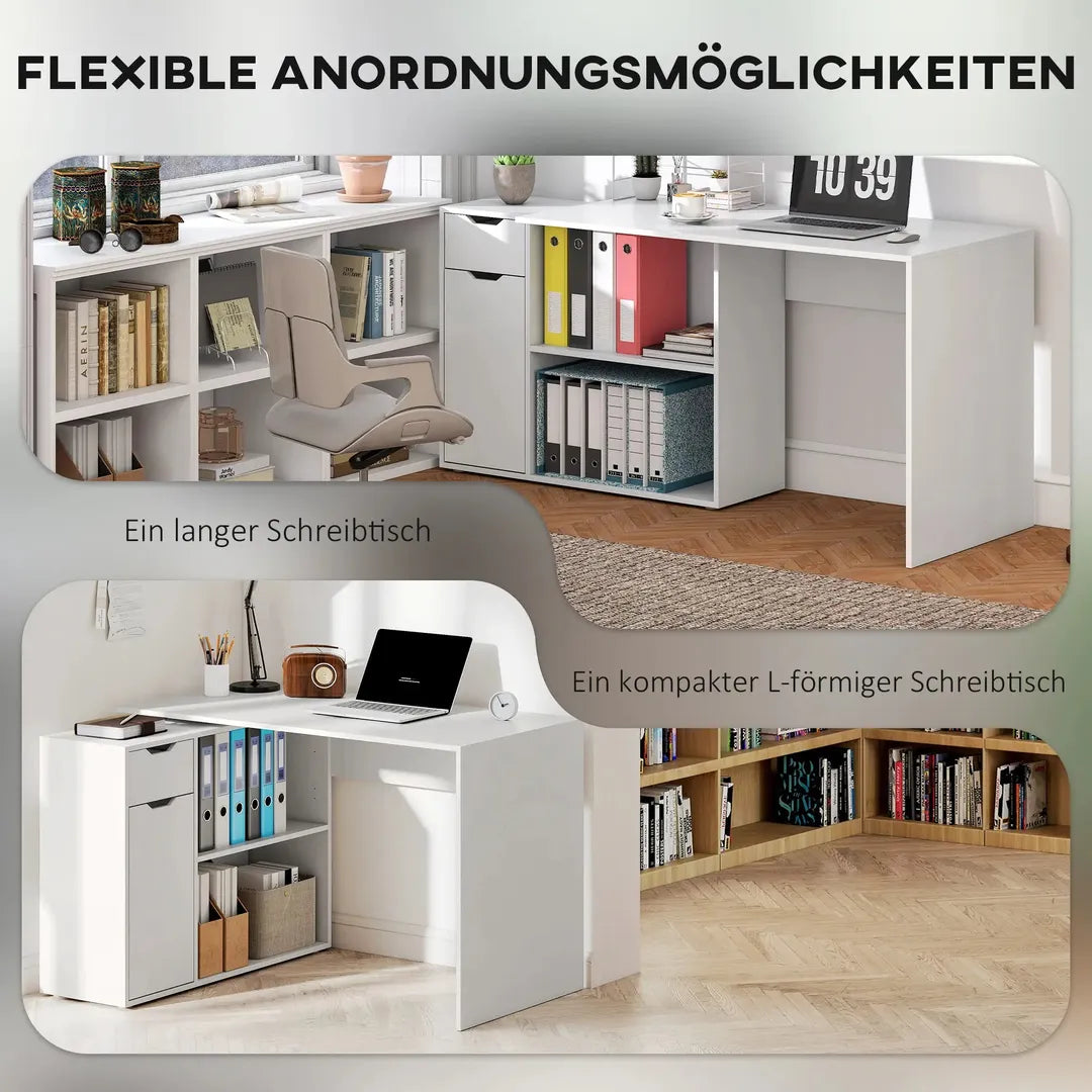 Flexibel bureau met kast en lade – hoekbureau met open vakken, hout, wit