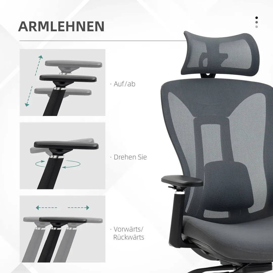 Bureaustoel met 135° kantelfunctie – in hoogte verstelbaar, ergonomische rug- en hoofdsteun, grijs