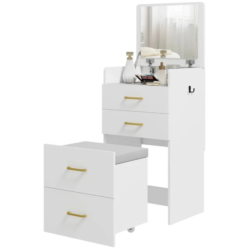 3-in-1 kaptafel met spiegel – nachtkastje en rollende kruk – met lades – wit