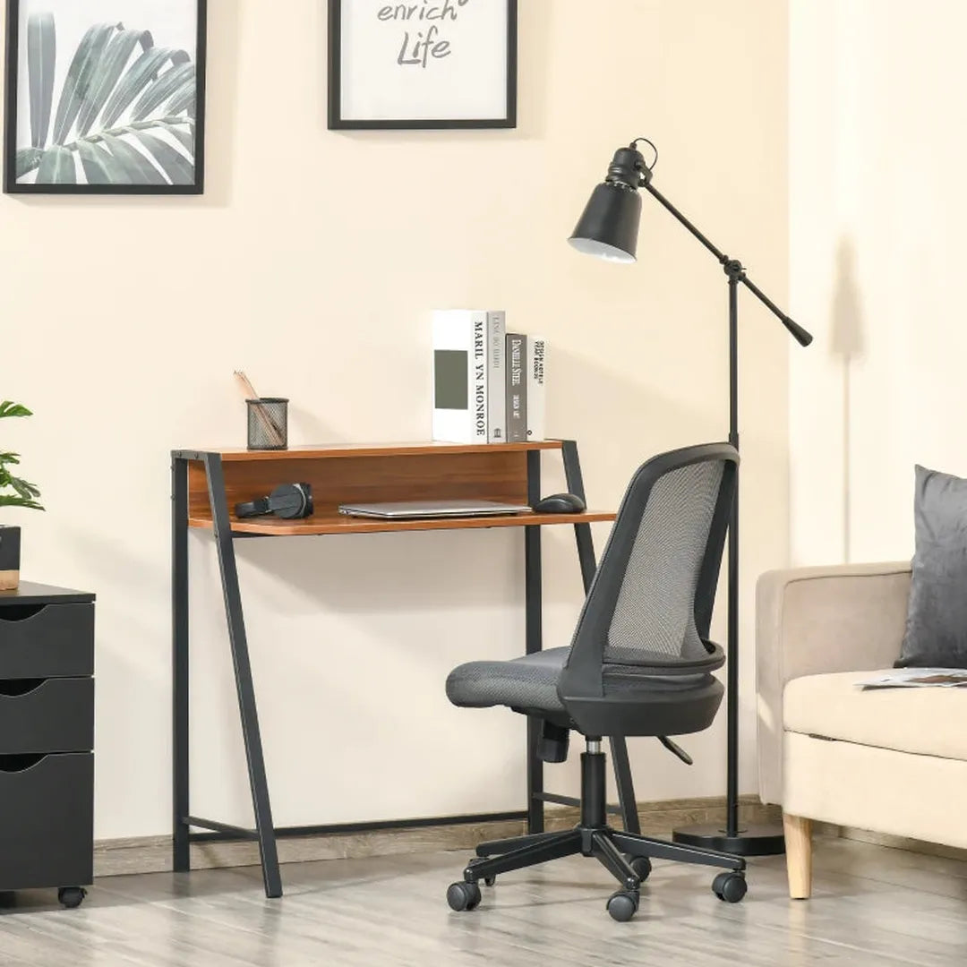 Bureau wit/eiken – computertafel met opbergvak en kabelmanagement, compact bureau met metalen frame 84x45x85 cm