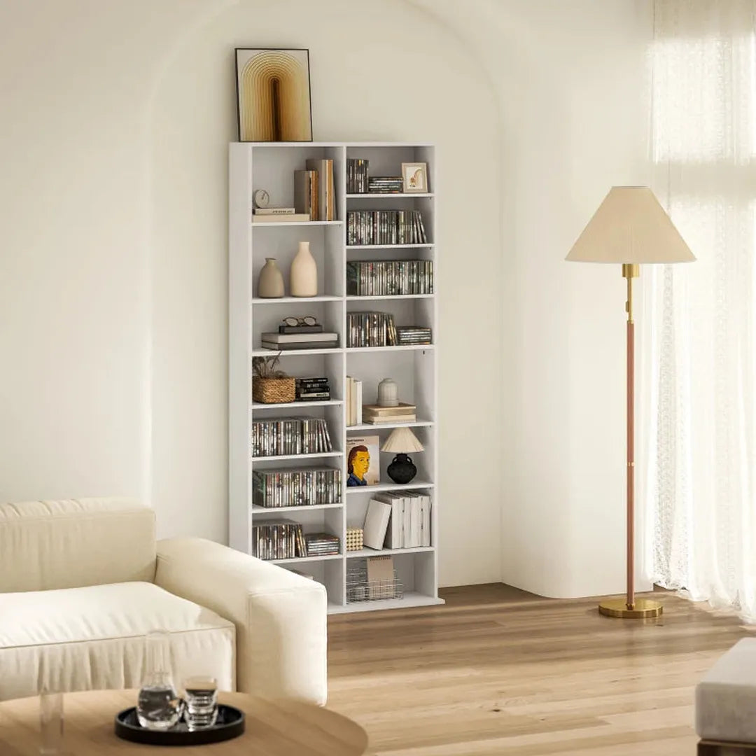 DVD-rek met 14 verstelbare planken – 18 vakken – 175 cm hoog – spaanplaat – wit