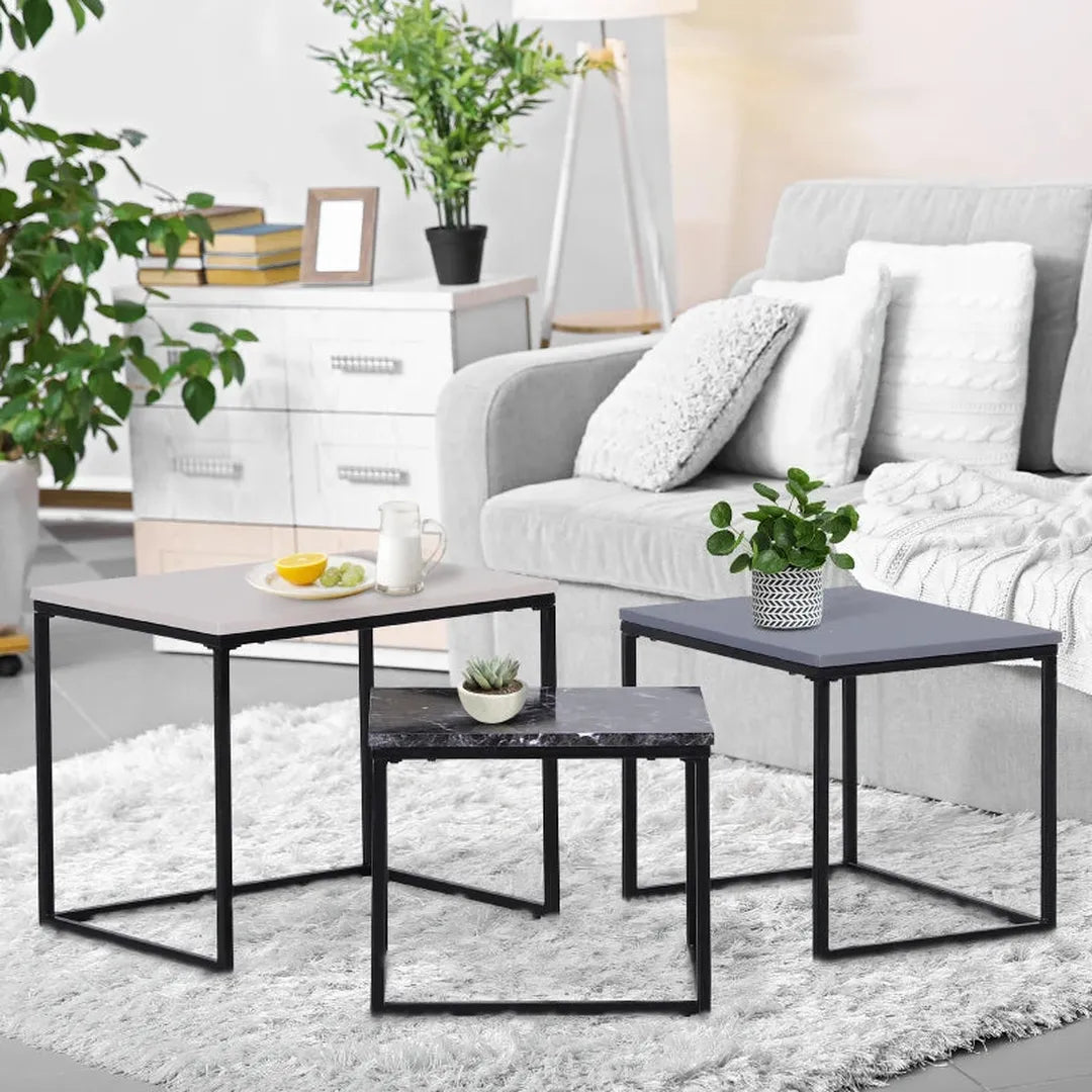 Set van 3 salontafels – stapelbaar – metalen onderstel – MDF blad – 3 kleuren – diverse afmetingen