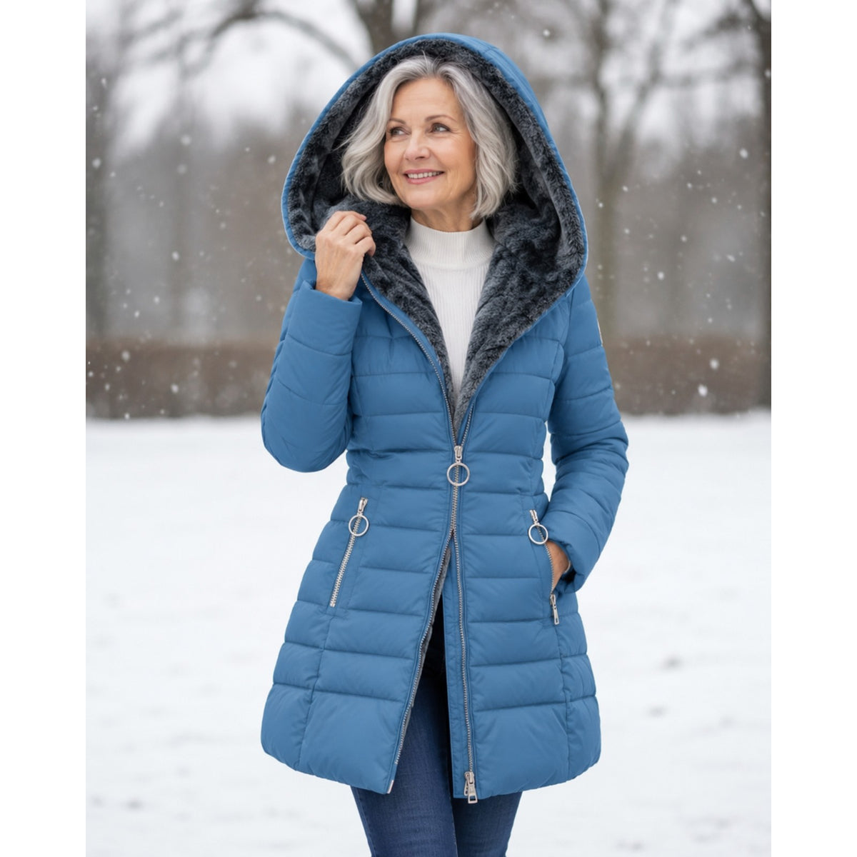 winterjas in blauw – achteraanzicht