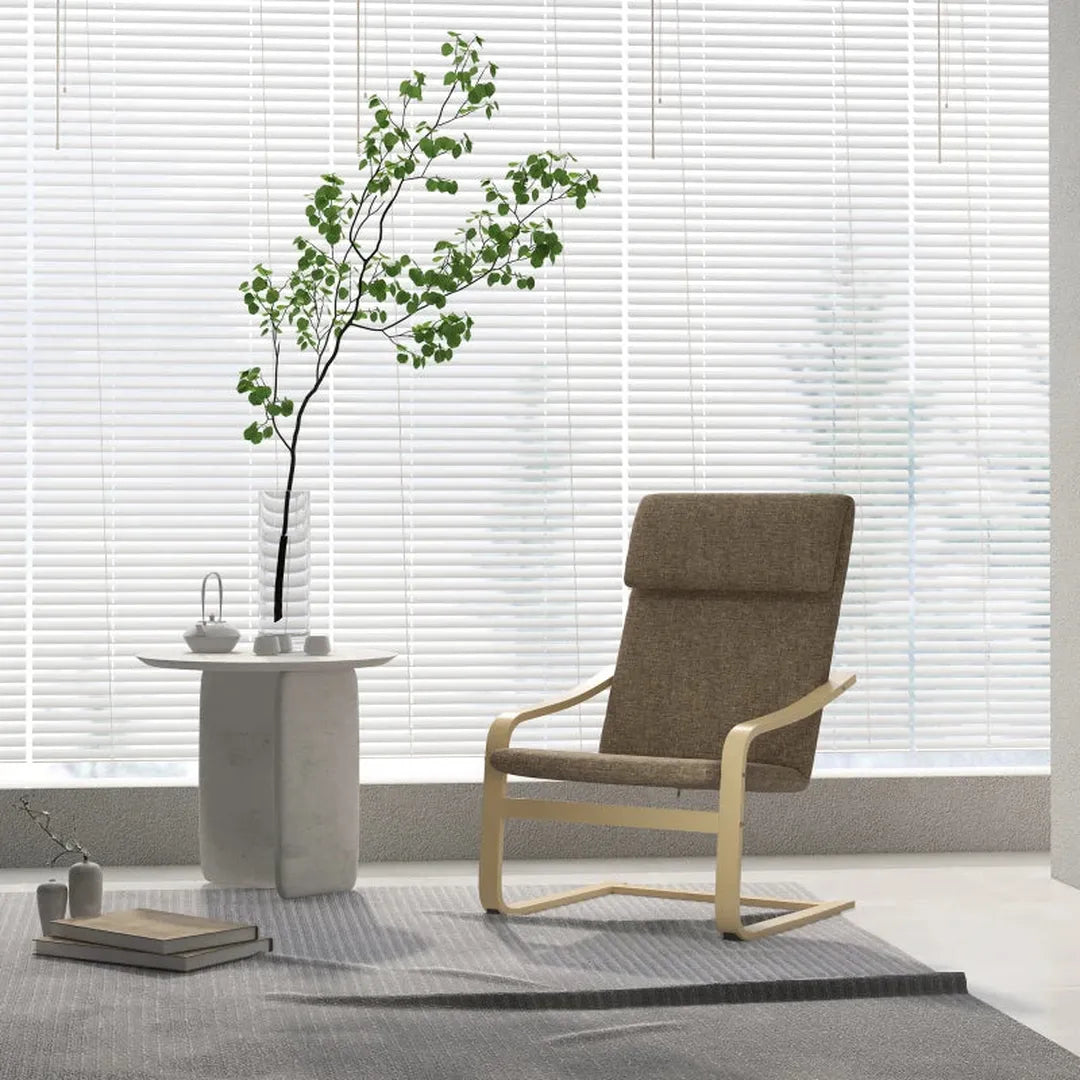 Fauteuil met hoofdsteun en armleuningen – linnen-look bekleding – houten frame – 85 x 75 x 90 cm