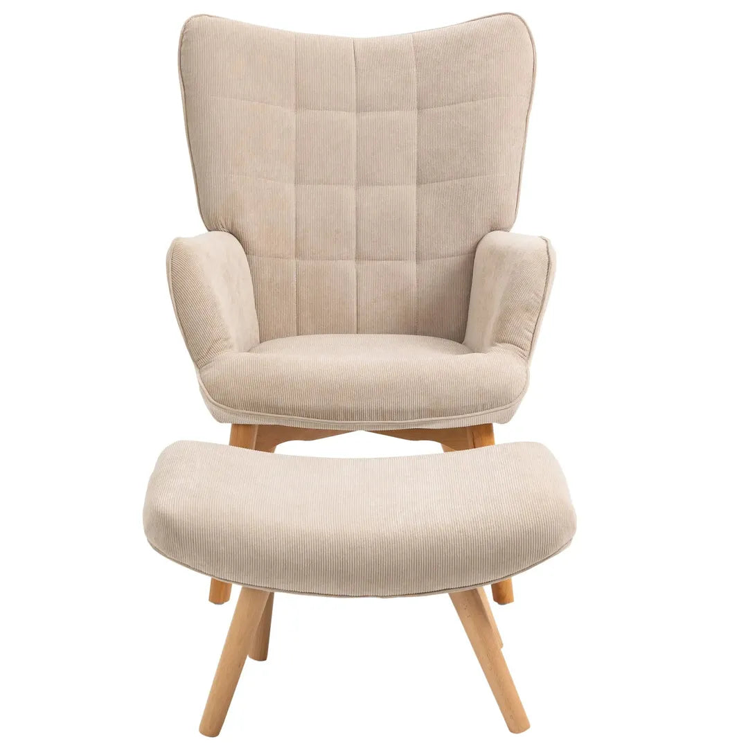 Fauteuil met Hocker – Relaxstoel in Cordstof met Armleuningen en Houten Poten, Grijs, voor Woonkamer