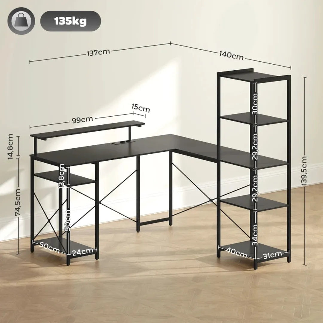 Hoekbureau L-vorm wit – Computertafel met monitorstandaard, planken en geïntegreerde oplaadstation voor thuis en kantoor