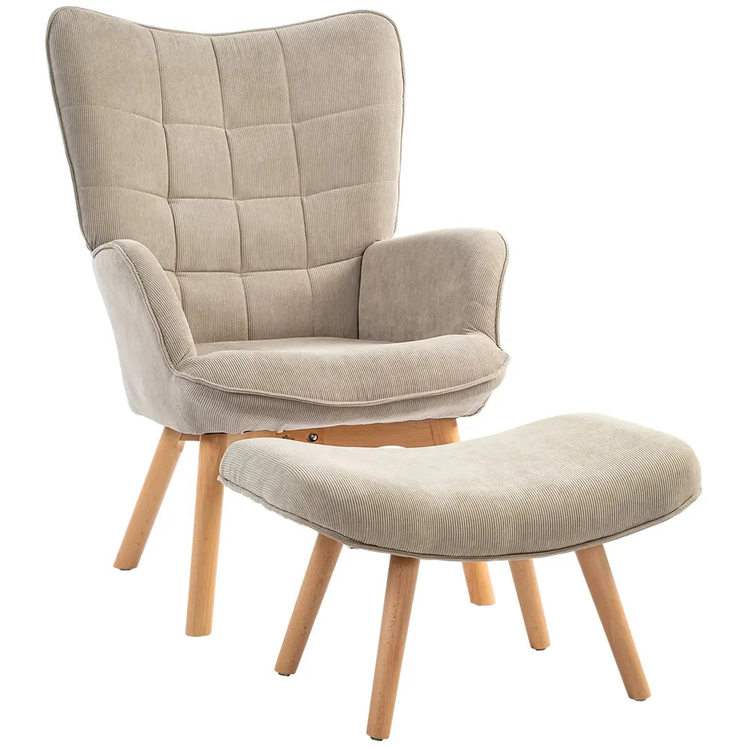 Fauteuil met Hocker – Relaxstoel in Cordstof met Armleuningen en Houten Poten, Grijs, voor Woonkamer