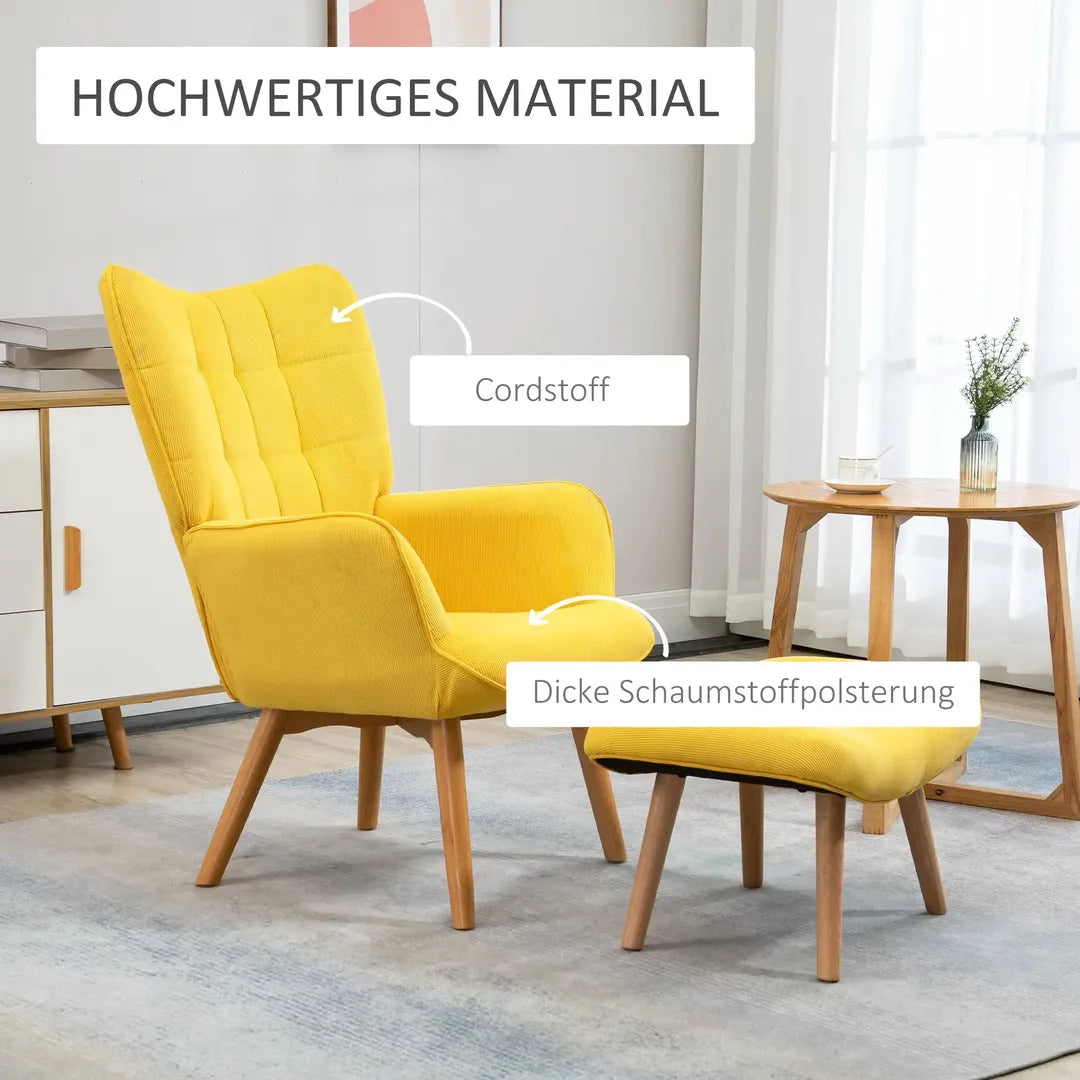 Fauteuil met Hocker – Relaxstoel in Cordstof met Armleuningen en Houten Poten, Grijs, voor Woonkamer