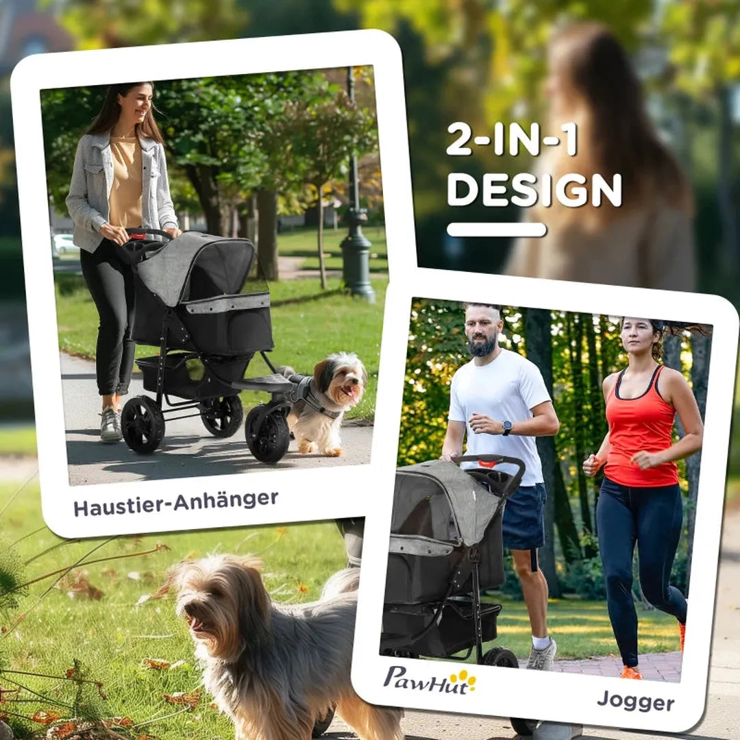 Dierenwagen voor hond en kat – inklapbare buggy met 3 wielen – oxford stof – grijs/zwart – 109,5 x 57,5 x 106,5 cm
