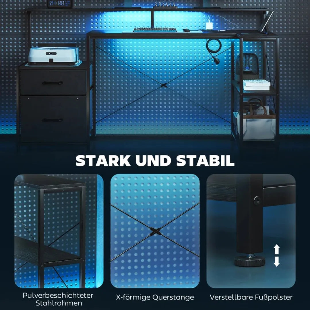 L-vormig bureau met LED en stopcontacten – hoekbureau met dubbele monitorstand en lades, 165 × 80 × 91,5 cm