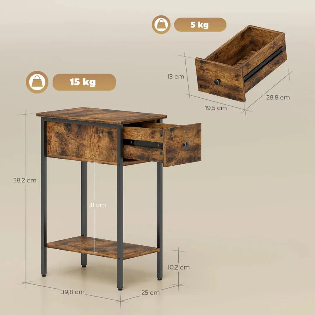 Nachtkastje met Open Vakken en Lade – Bijzettafel van Hout met Metalen Poten – Bruin