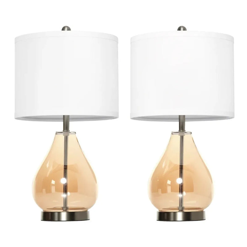 Set van 2 tafellampen – E27 fitting – amberkleurig glas en linnen – metalen voet – Ø30 x 56 cm