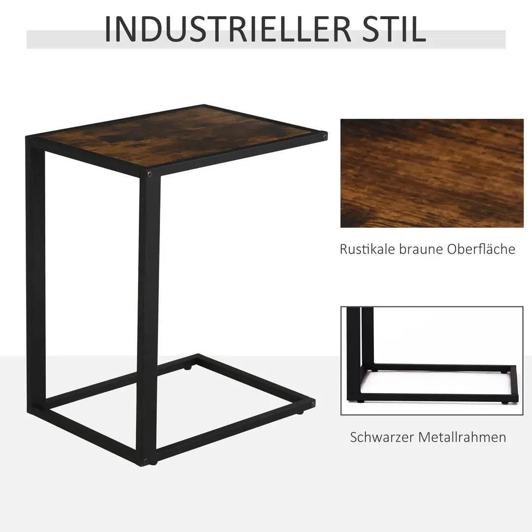 Bijzettafel in C-vorm met Wielen – Laptoptafel of Bedtafel – Metaal en Houtlook Walnoot – 51 x 36 x 65 cm – Zwart