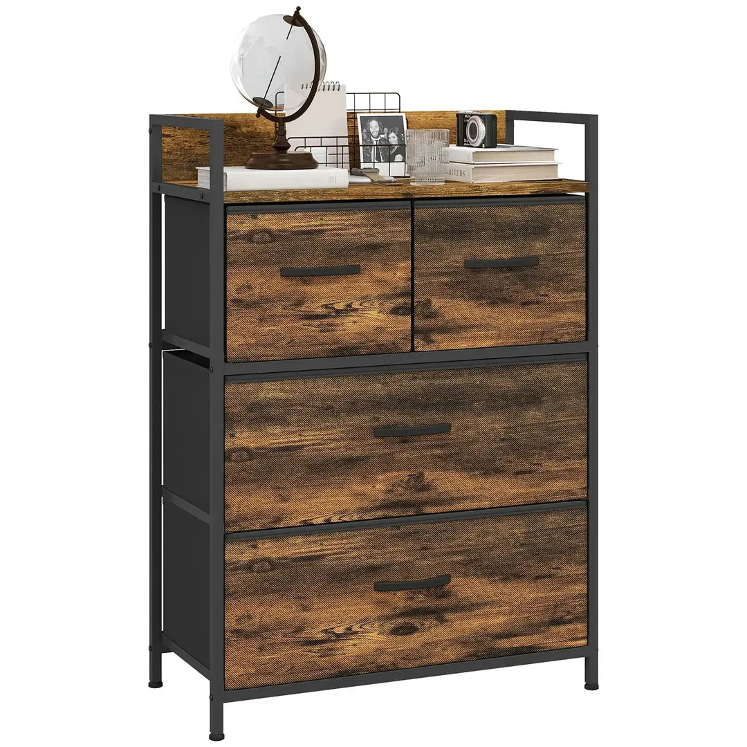 Ladekast met 7 Stoffen Lades – Sideboard in Industrieel Design – Stalen Frame – 98 x 29 x 85 cm – Bruin/Zwart
