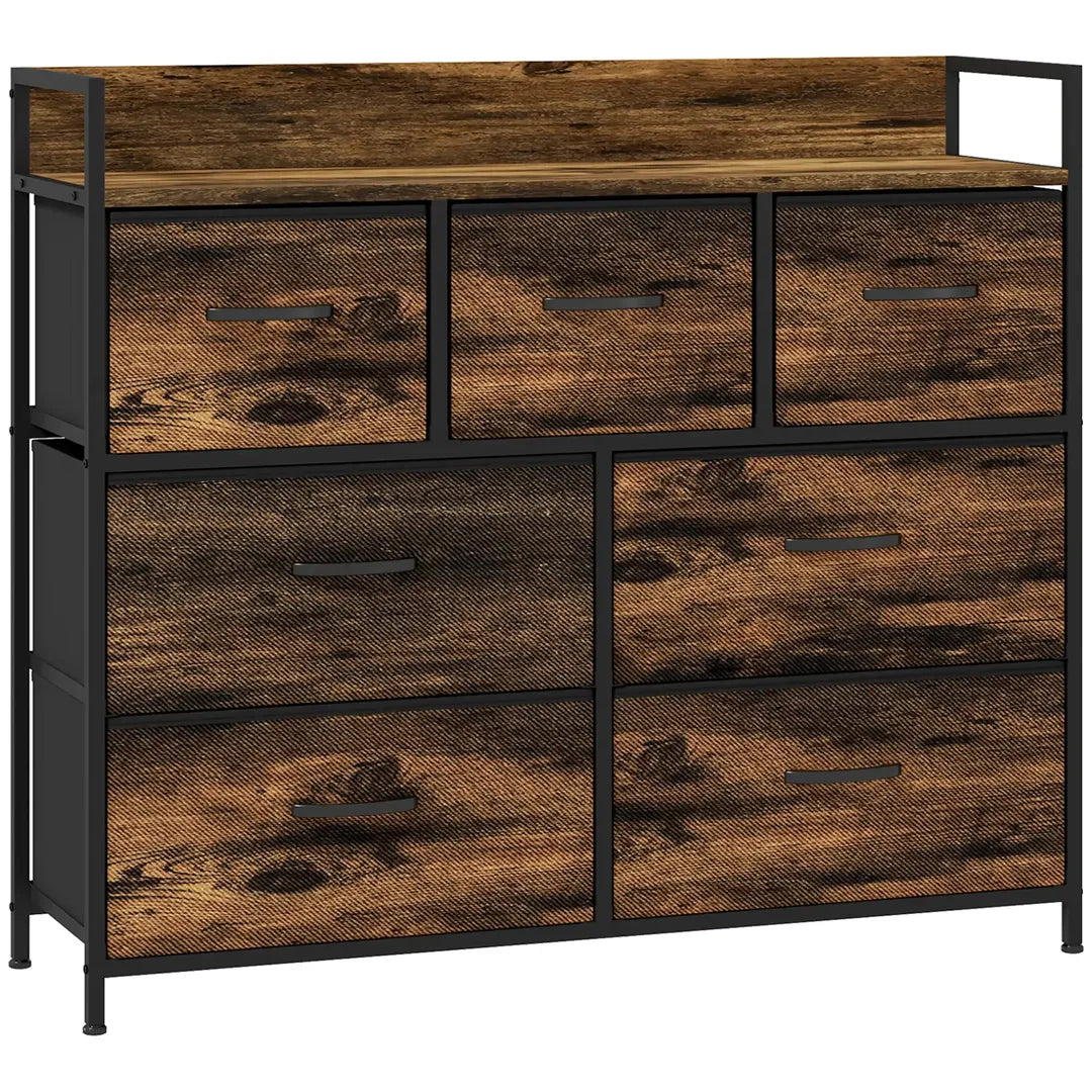 Ladekast met 7 Stoffen Lades – Sideboard in Industrieel Design – Stalen Frame – 98 x 29 x 85 cm – Bruin/Zwart
