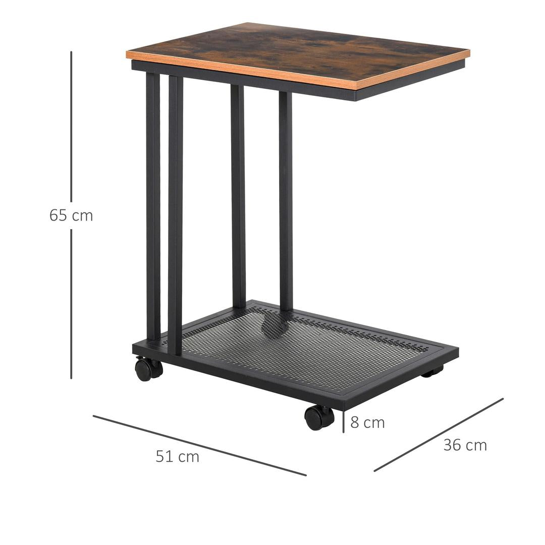 Bijzettafel in C-vorm met Wielen – Laptoptafel of Bedtafel – Metaal en Houtlook Walnoot – 51 x 36 x 65 cm – Zwart
