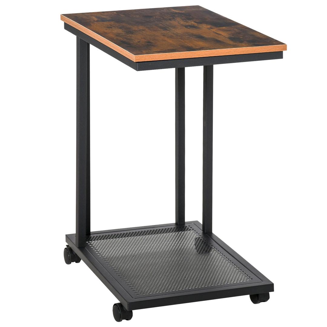 Bijzettafel in C-vorm met Wielen – Laptoptafel of Bedtafel – Metaal en Houtlook Walnoot – 51 x 36 x 65 cm – Zwart