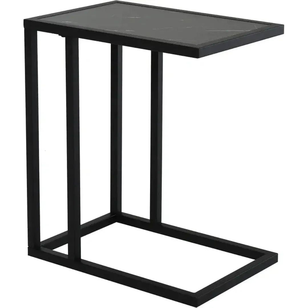 Bijzettafel in C-vorm met Wielen – Laptoptafel of Bedtafel – Metaal en Houtlook Walnoot – 51 x 36 x 65 cm – Zwart