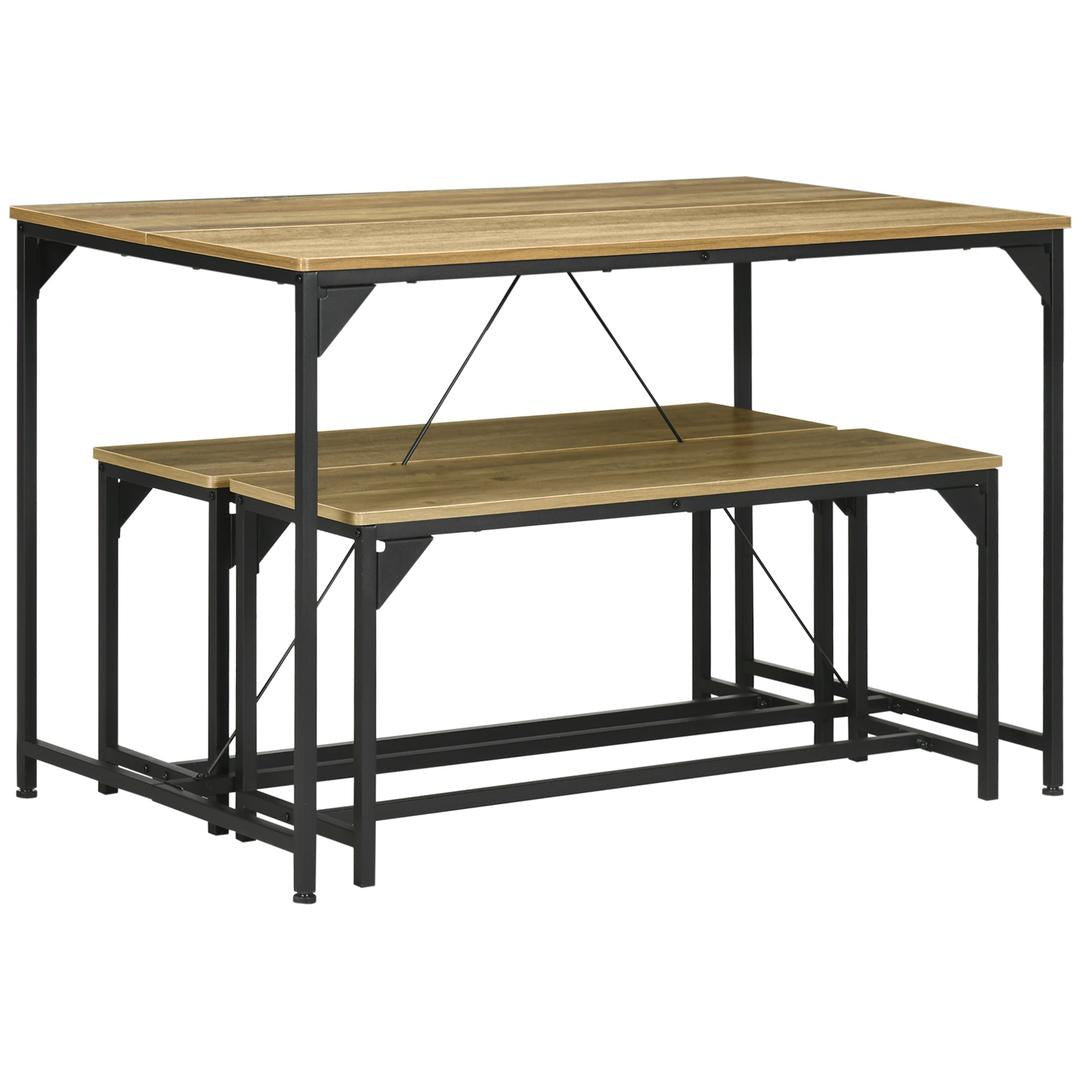 Eettafelset voor 4 Personen – Tafel met 2 Banken van Metaal en Hout, Industrieel Design, 120 x 70 x 75 cm, Zwart/Natuur