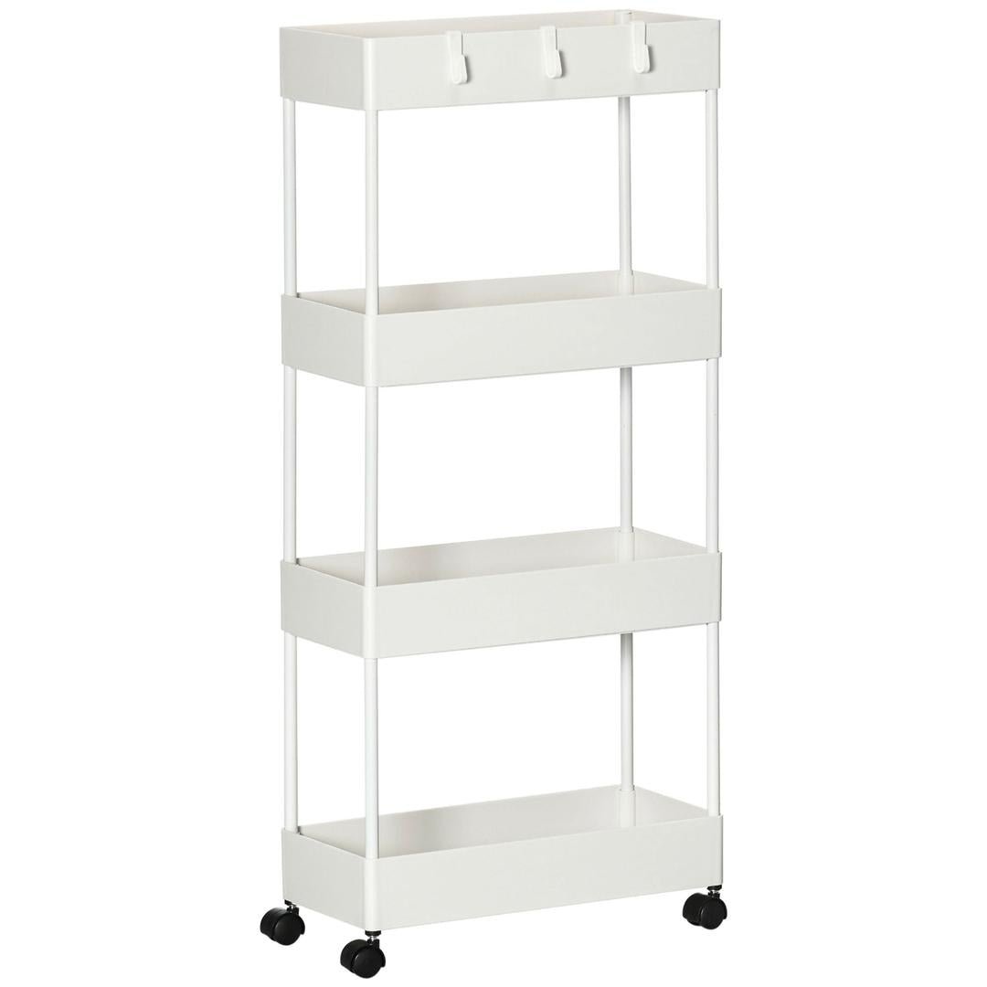 Keukenwagen met 4 legplanken en 4 haken – op wielen – Wit – 40 × 19 × 90 cm