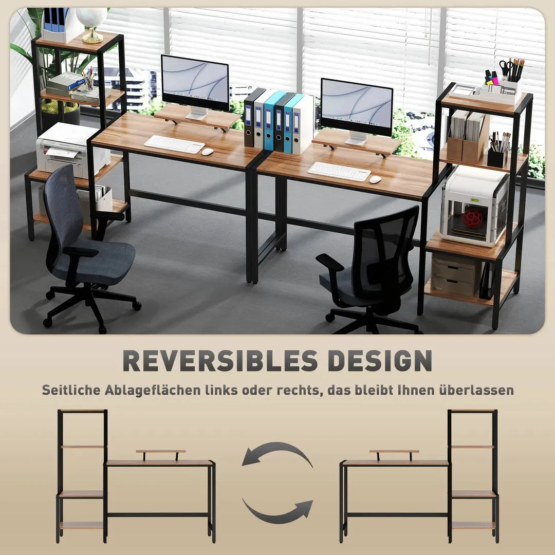 Computertafel met monitorstand en 4-laags rek – bureau in industriële stijl, bruin