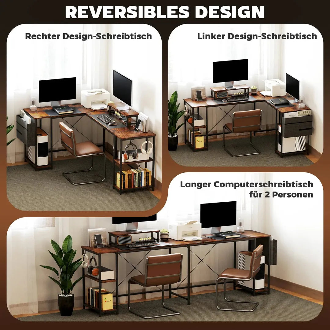 L-vormig bureau met verstelbare legplanken en monitorstand – hoekbureau met opbergtas, bruin
