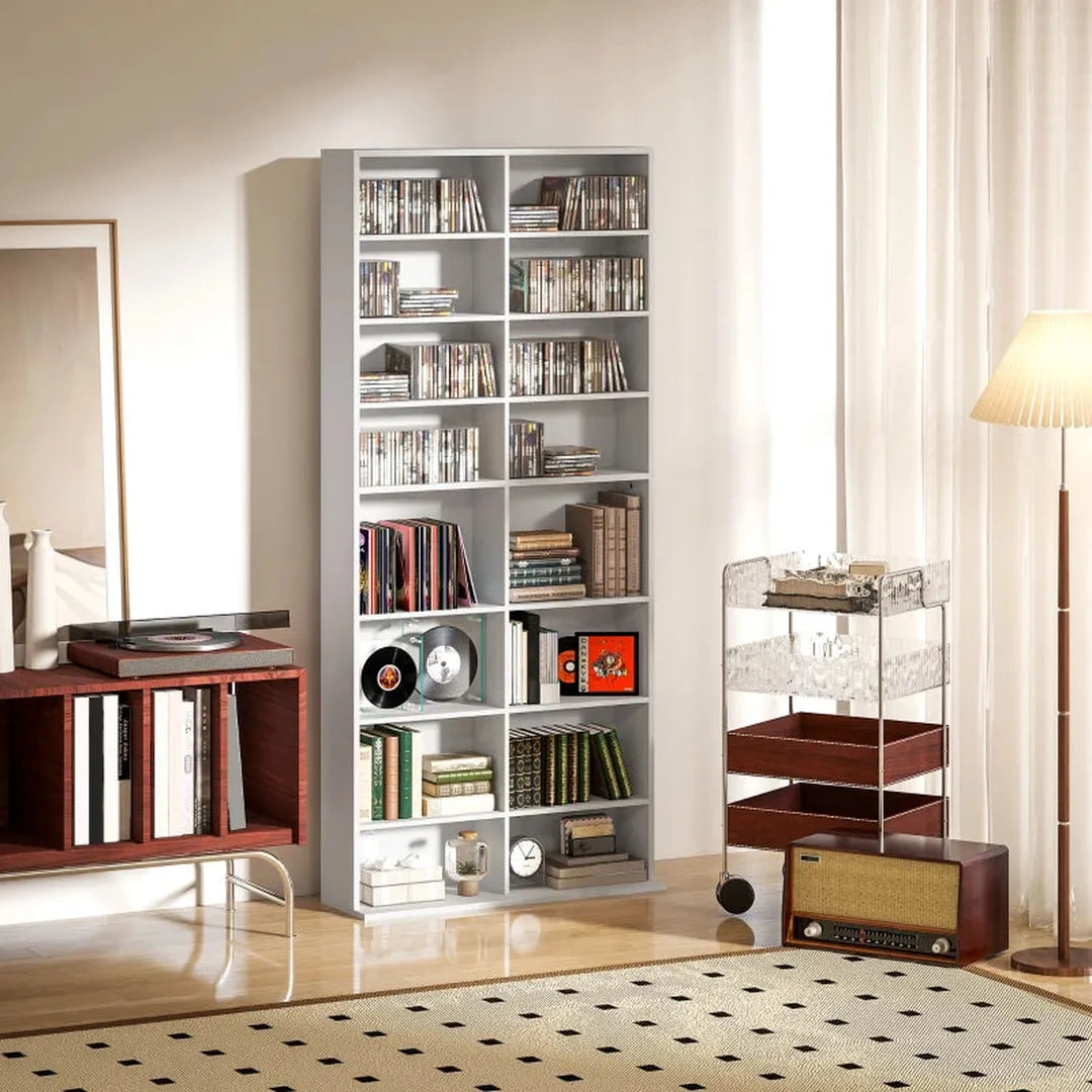 DVD-rek met 14 verstelbare planken – 18 vakken – 175 cm hoog – spaanplaat – wit