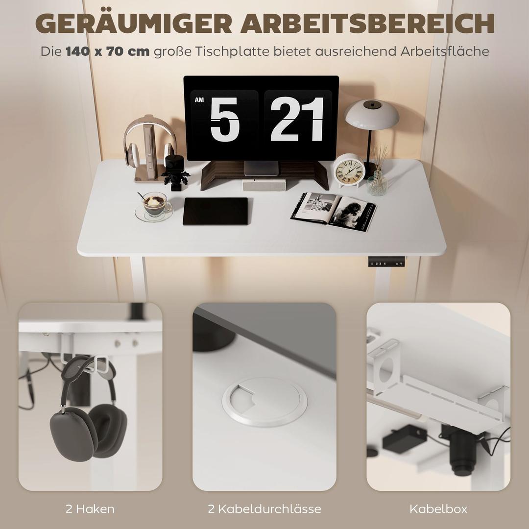 In hoogte verstelbaar sta-bureau – elektrisch computertafel met geheugenfunctie, 140 × 70 × 72–116 cm, wit