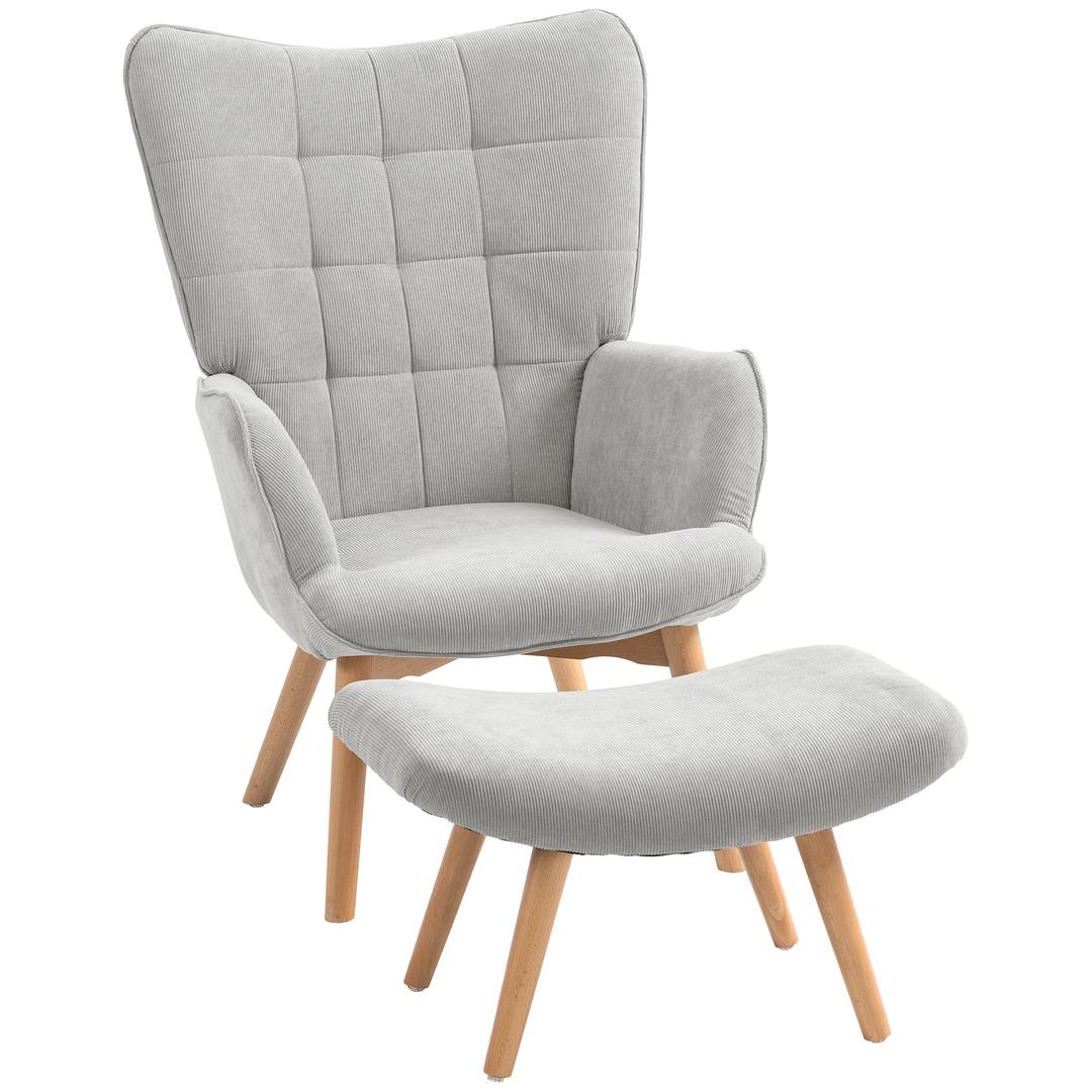 Fauteuil met Hocker – Relaxstoel in Cordstof met Armleuningen en Houten Poten, Grijs, voor Woonkamer
