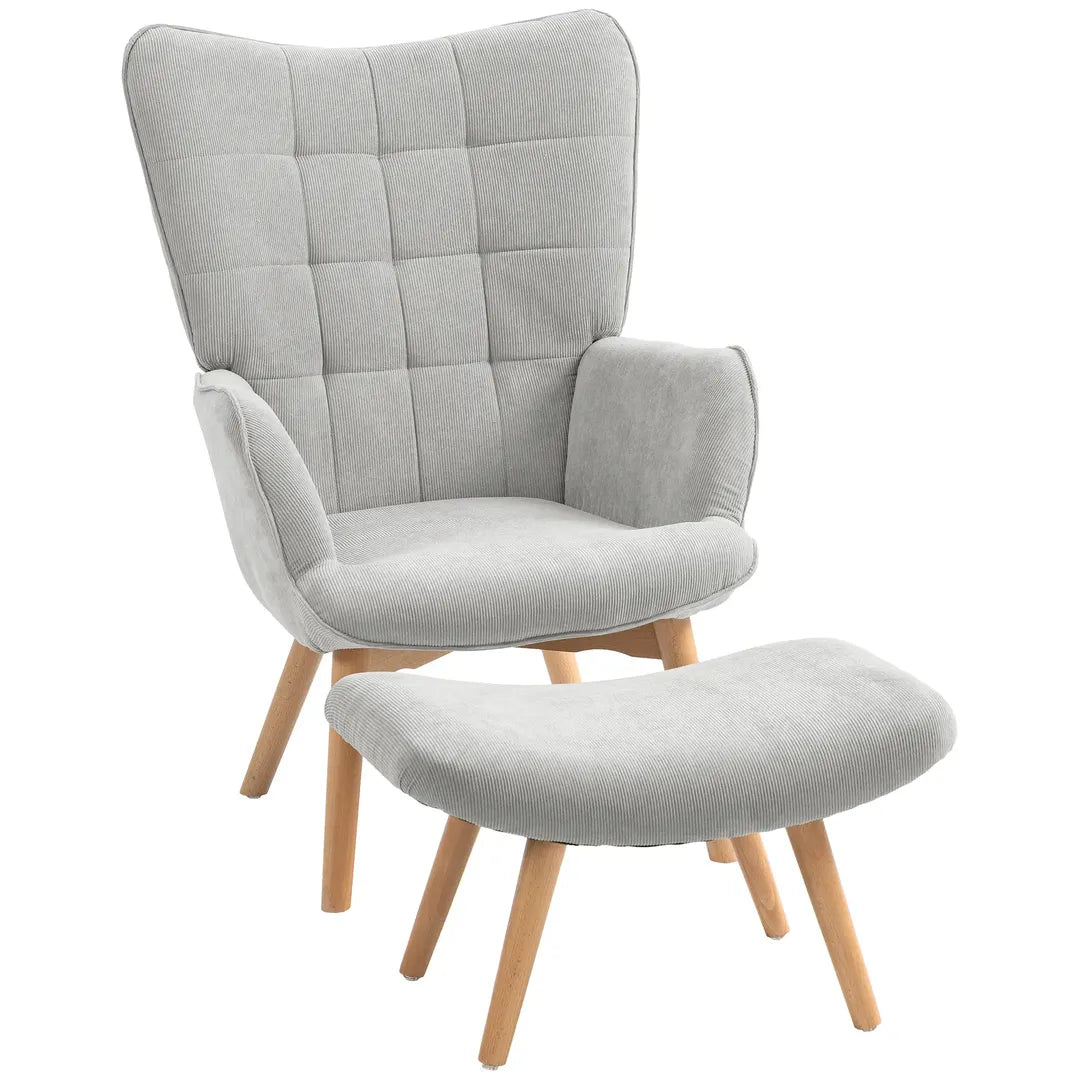 Fauteuil met Hocker – Relaxstoel in Cordstof met Armleuningen en Houten Poten, Grijs, voor Woonkamer