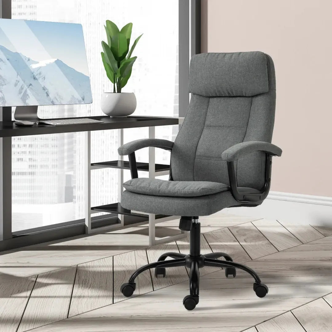Bureaustoel met massagefunctie – in hoogte verstelbaar – draaibaar – lendensteun – beige linnen look – 63 x 70 x 112-121 cm