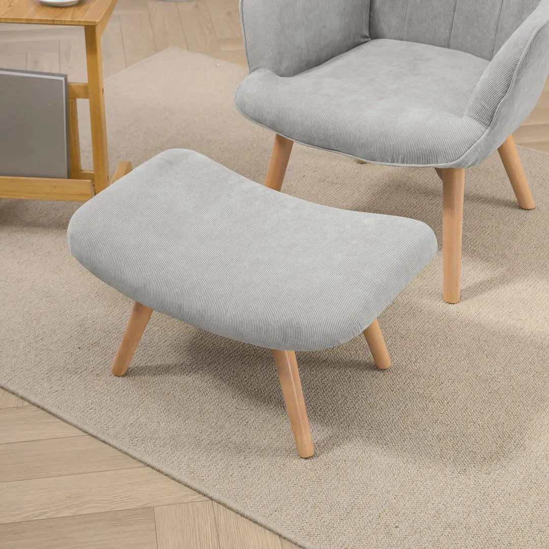 Fauteuil met Hocker – Relaxstoel in Cordstof met Armleuningen en Houten Poten, Grijs, voor Woonkamer