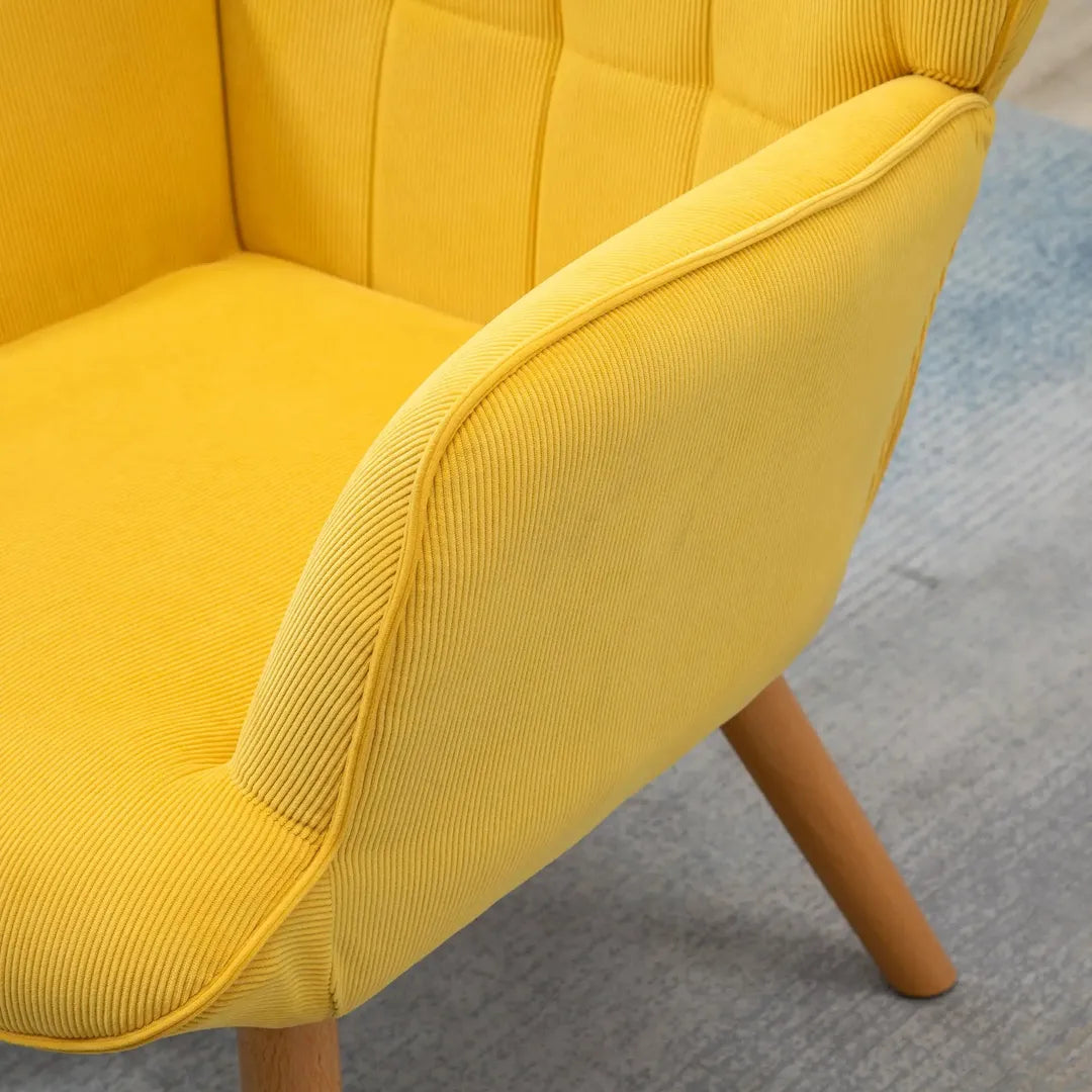 Fauteuil met Hocker – Relaxstoel in Cordstof met Armleuningen en Houten Poten, Grijs, voor Woonkamer