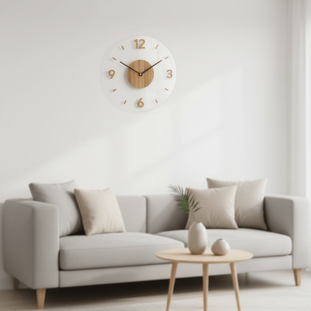 Marric wandklok van e0 quality hout – sustainable and free of harmful substances – in een woonkamer