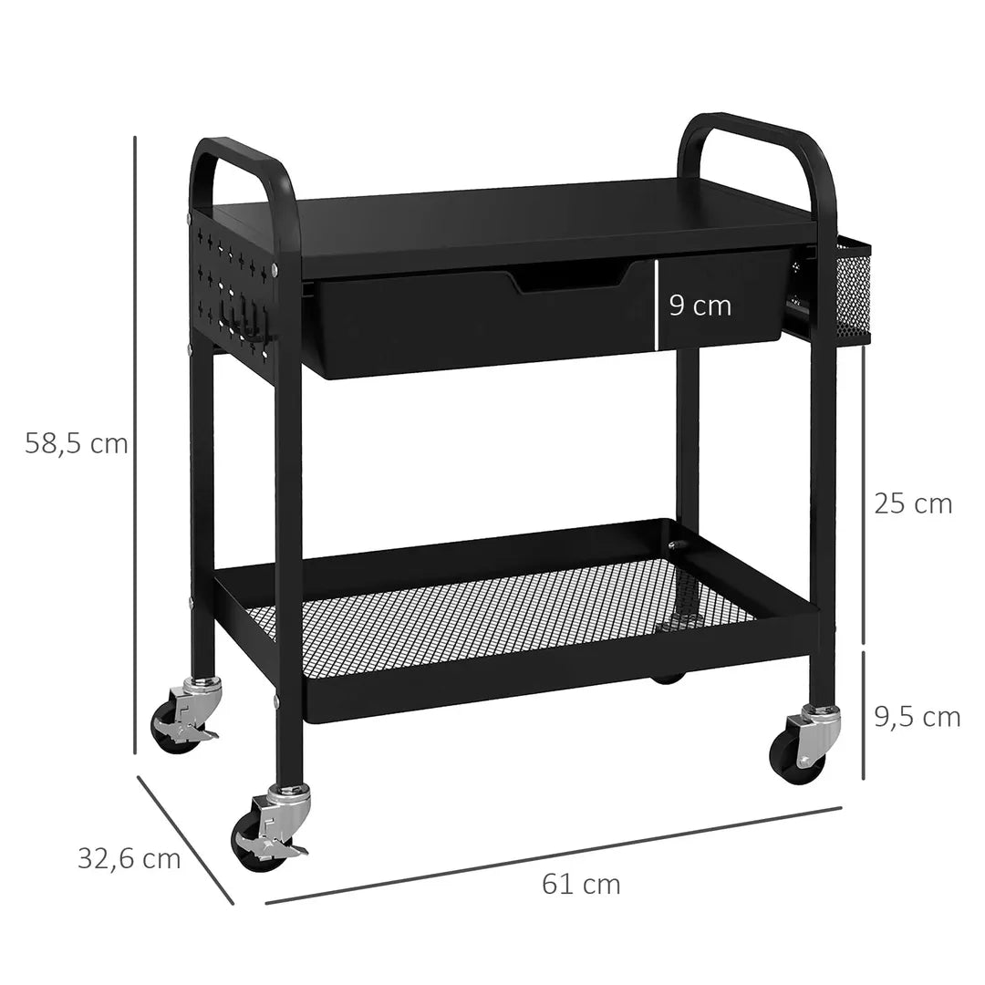 Keukenwagen met lade en legplank – op wielen – Zwart