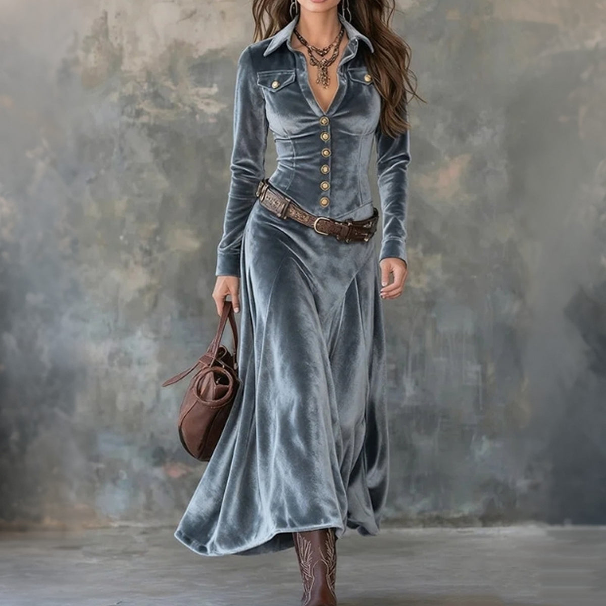 maxi-jurk in blauw – vooraanzicht