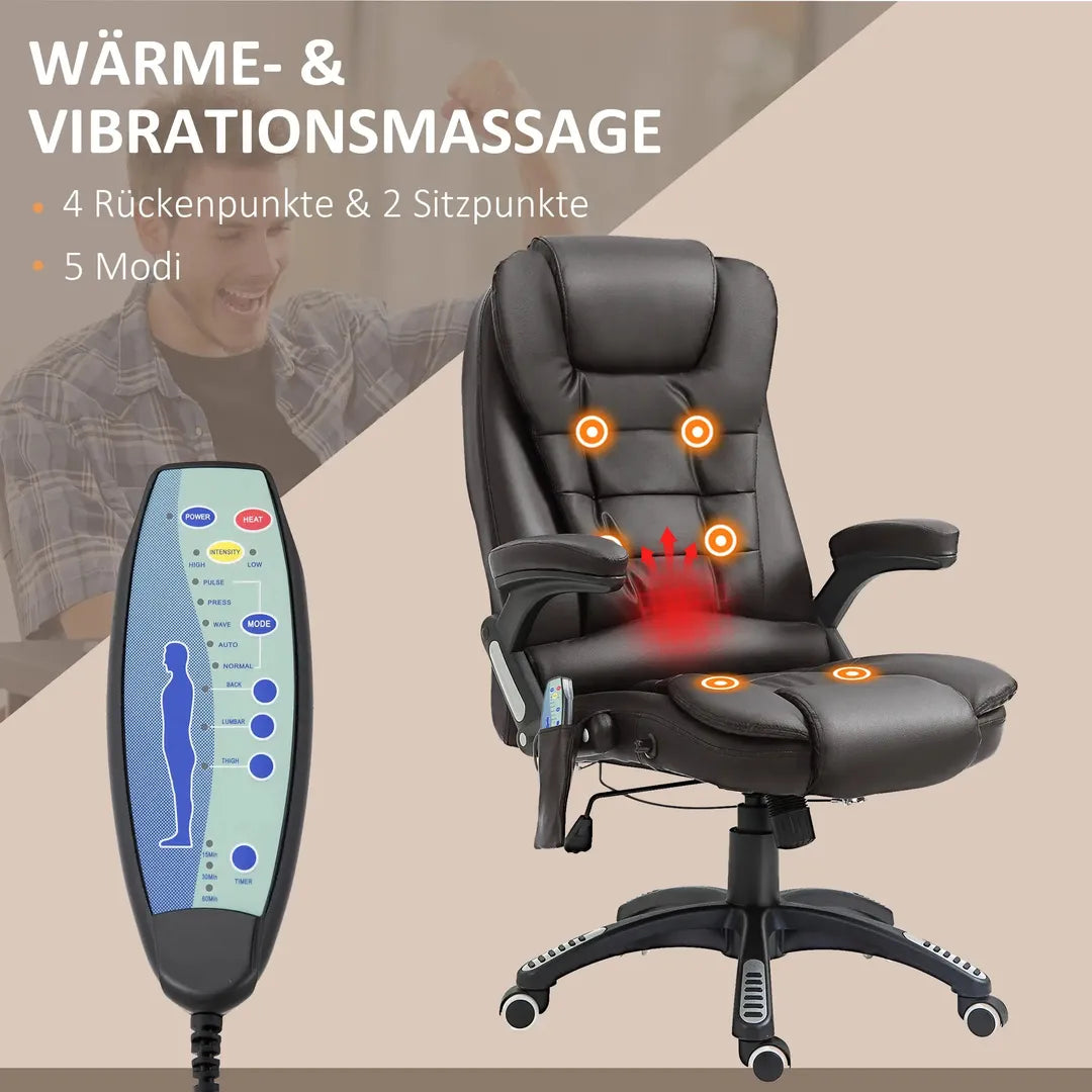 Bureaustoel met massage- en verwarmingsfunctie – verstelbaar, kantelbaar en 360° draaibaar, kunstleder, bruin