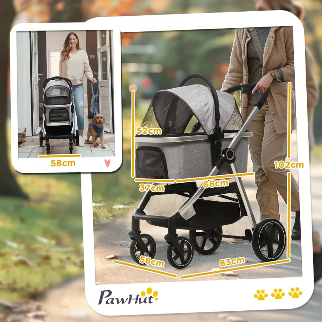 Dierenwagen voor hond en kat – inklapbare buggy met 3 wielen – oxford stof – grijs/zwart – 109,5 x 57,5 x 106,5 cm