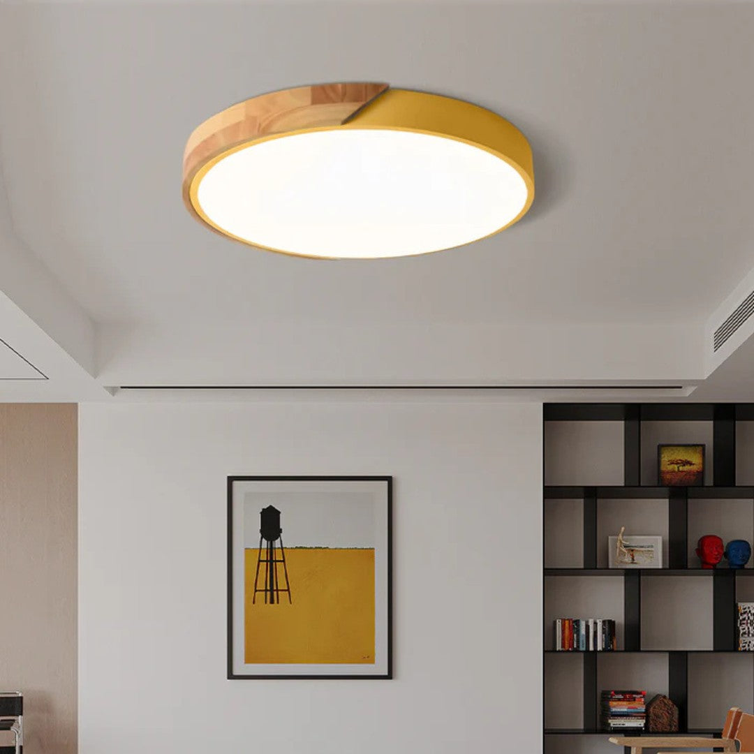 Naldra plafondlamp in groen van hout, acryl – sfeerbeeld in huis