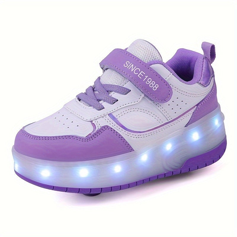 Nord4582 schoen in paars van ademende stof, kunststof wielen en led-verlichting – vooraanzicht