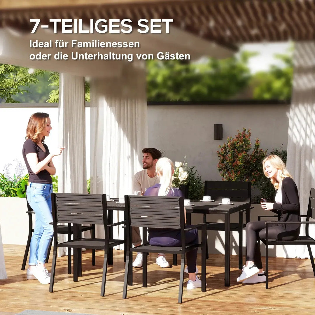Outsunny 7-delige tuinset met 6 stapelbare stoelen en tafel 160 x 80 x 74 cm – stalen frame en HDPE blad