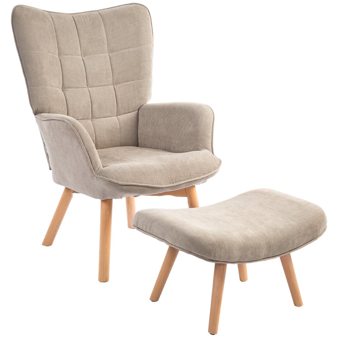 Fauteuil met Hocker – Relaxstoel in Cordstof met Armleuningen en Houten Poten, Grijs, voor Woonkamer