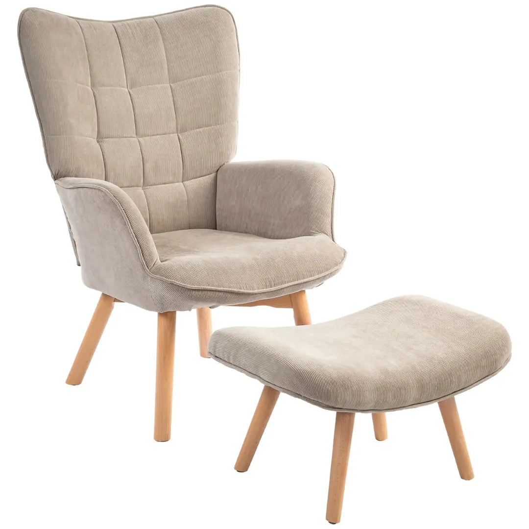Fauteuil met Hocker – Relaxstoel in Cordstof met Armleuningen en Houten Poten, Grijs, voor Woonkamer