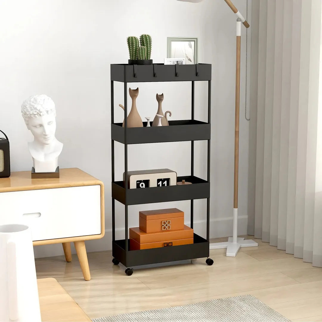 Keukenwagen met 4 legplanken en 4 haken – op wielen – Grijs – 40 × 19 × 90 cm
