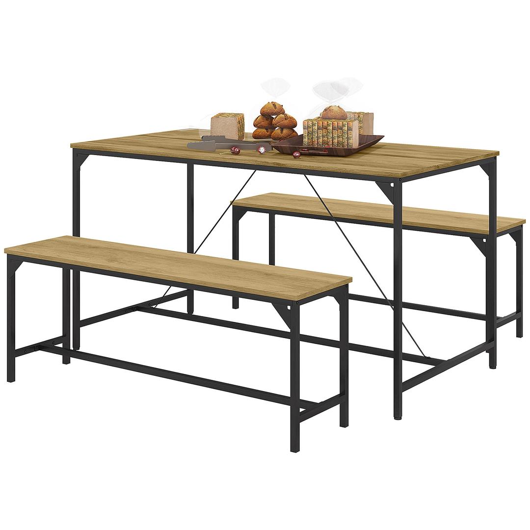 Eettafelset voor 4 Personen – Tafel met 2 Banken van Metaal en Hout, Industrieel Design, 120 x 70 x 75 cm, Zwart/Natuur